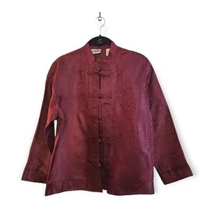 Chicos Design 100% Silk Shirt Size 1 Blouse Top Burgundy Asian Design 6/8
